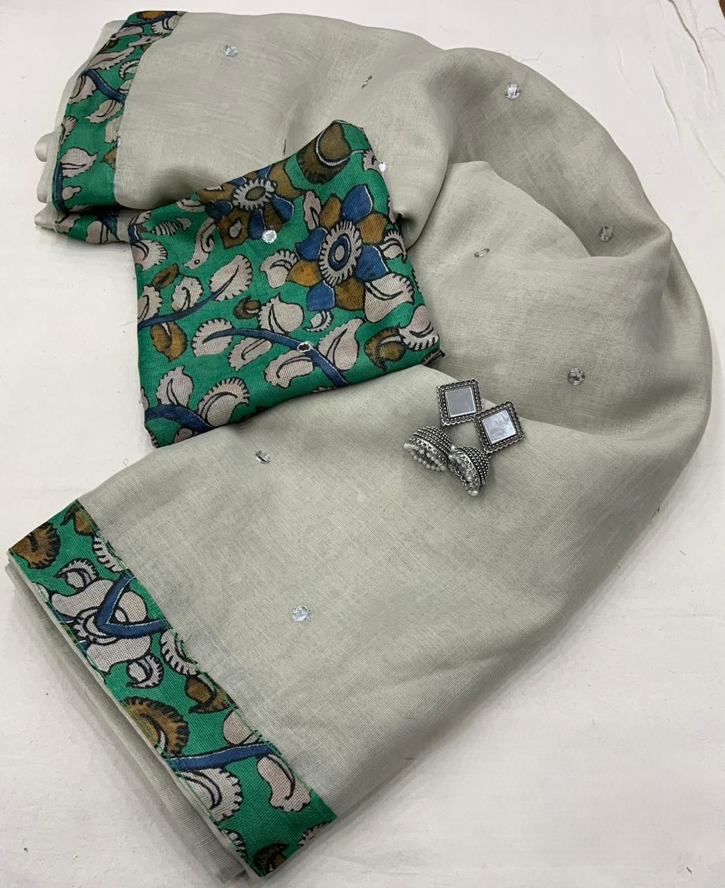 kalamkari printed jute Linen Elegance Saree with aari mirror work.